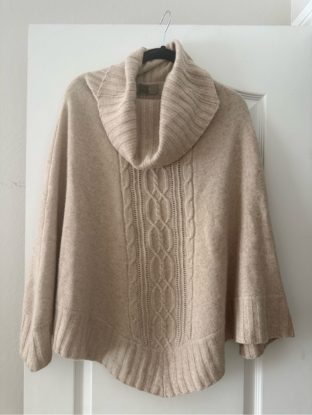 ply cashmere Beige Cable-Knit Cowl Neck Poncho Sweater One Size